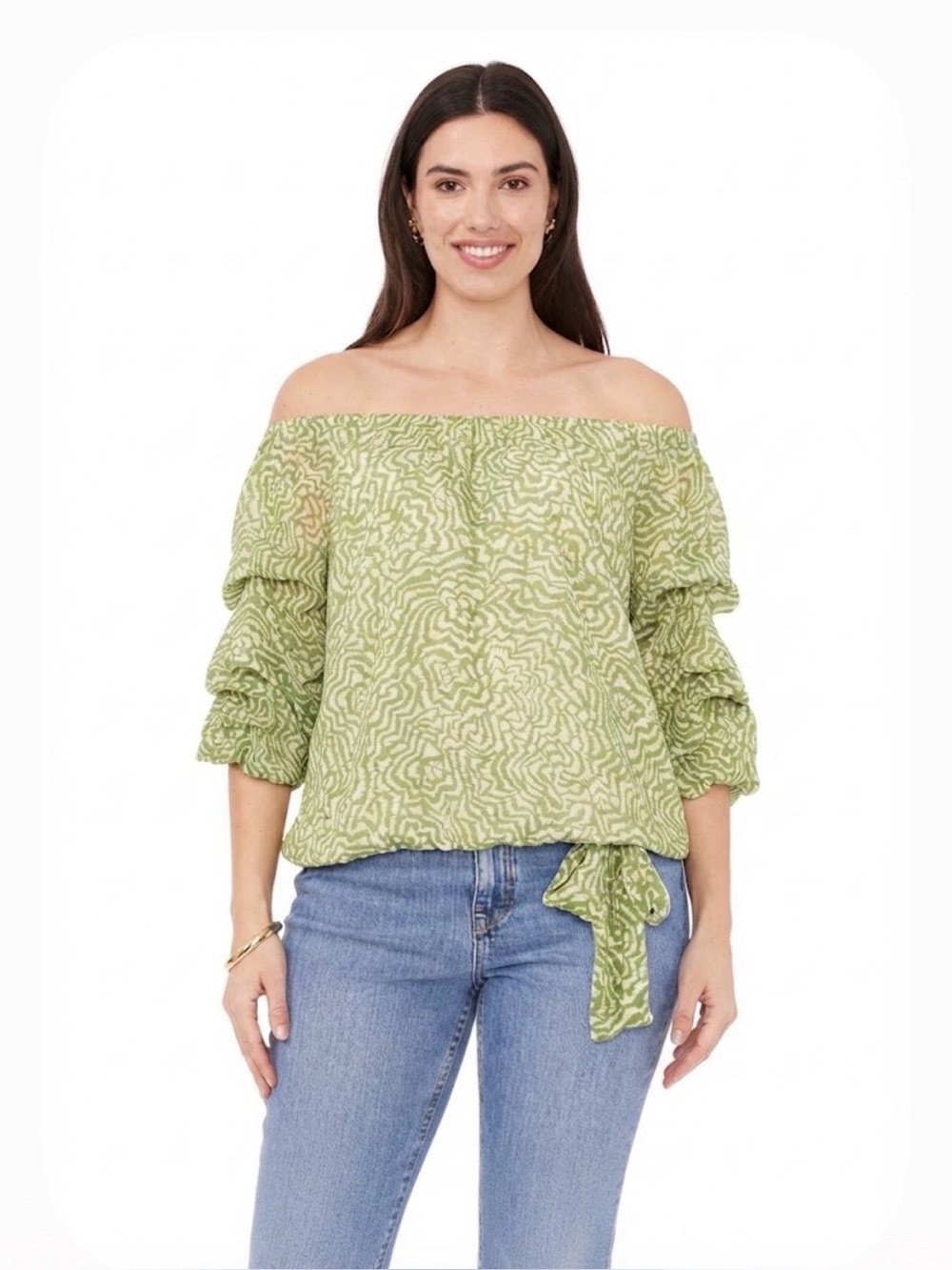 🎼Vince Camuto printed off the shoulder bubble sleeve Green size XL GUC